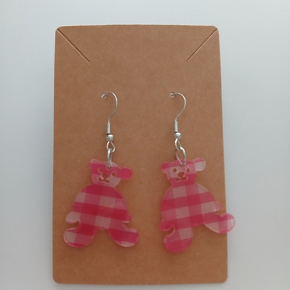 Fashion Jewelry Pink Plaid Teddy Bear Dangle Earrings - Picture 2 of 3